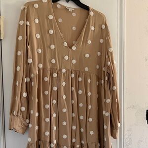 Cato Beige Tunic Dress with White Pom Dot Embroidery